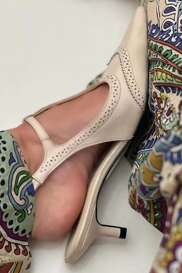 Patchwork T-Strap Buckle Pointed Toe Beige Kitten Heels