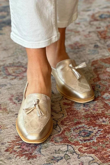 Flexible Snake Print Tassel Decor Square Toe Gold Loafers