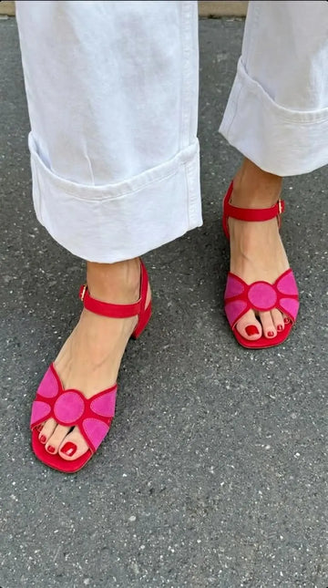 Pink Red Petal Open Toe Ankle Strap Block Heels