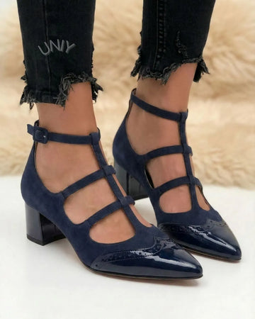 Navy PU Leather Brogue Pointed Toe Multi Strap Block Heels