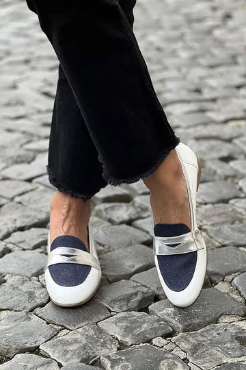 Patchwork Casual Colorblock Round Toe White Loafers