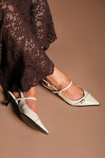 Instep Strap Buckle Pointed Toe Slingback Ivory Kitten Heels