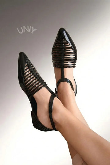 Chic Glossy Black Pointed Toe Multi Strap Flat Ankle Sandals