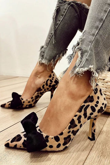 Bow Decor Leopard Print Pointed Toe Khaki Stiletto Heels