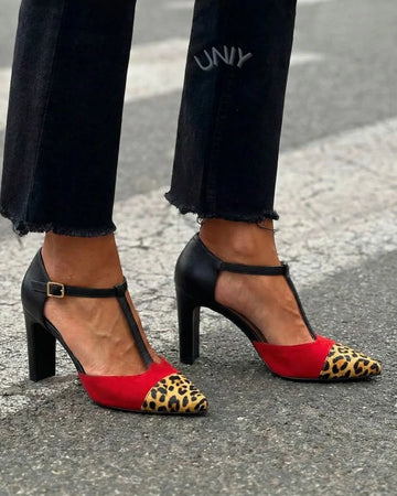 Chic Leopard Pattern Color-Block Pointed T-Strap Heels