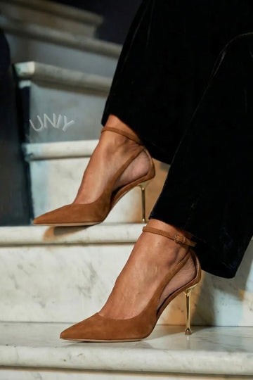 Elegant Brown Cutout Pointed Toe Metallic Stiletto Heels