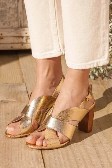 Metallic Gold Crossover Slingback Block Heel Sandals