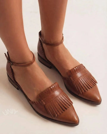 Brown Leather Pointed Toe Fringe Ankle Strap Flats