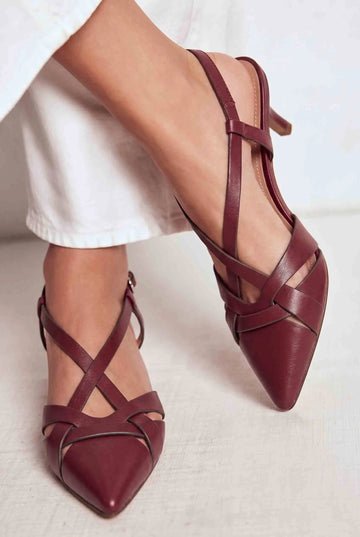 Criss Cross Pointed Toe Slingback Burgundy Kitten Heels