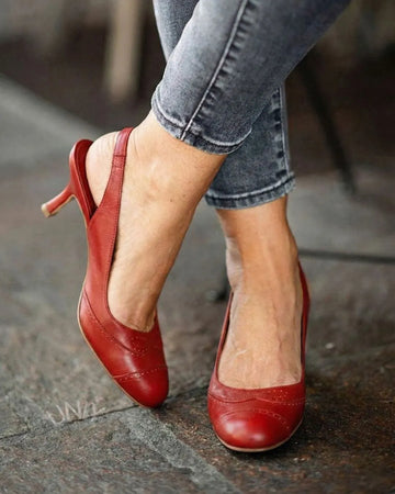 Red Leather Round Toe Brogue Slingback Kitten Heel Pumps
