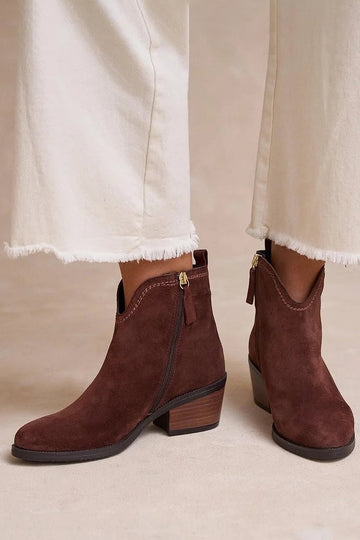 Solid Color V Cut Plain Dark Brown Chunky Heels Boots