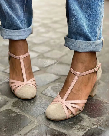 Pink Round Toe T-Strap Multi Strap Block Heel Pumps