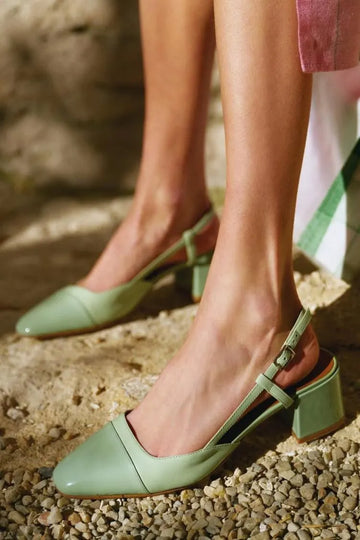 Stylish Sage Green Pointed Toe Slingback Block Heels