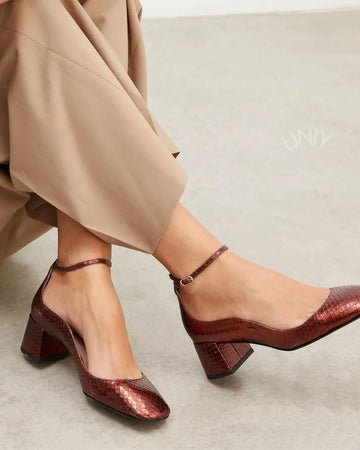 Burgundy Snake Embossed Square Toe Ankle Strap Block Heels