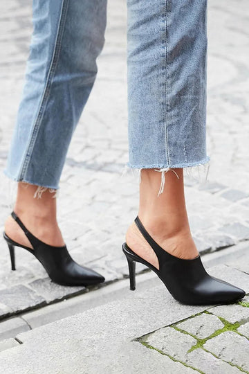 Pointed Toe Solid Color Slingback Black Stiletto Heels