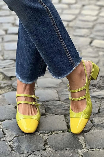 Patchwork Two Straps Buckles Slingback Green Chunky Heels