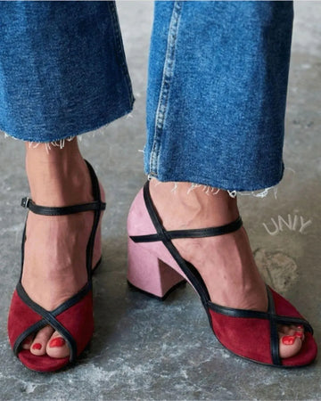 Retro Burgundy Pink Suede Peep Toe Ankle Strap Block Heels
