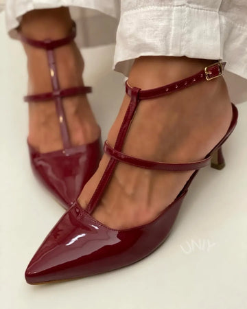 Burgundy Patent Leather Pointed Toe T-Strap Kitten Heels