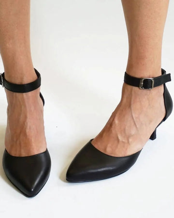 Classic Black Wide Ankle Strap Elegant Versatile Mid-Heels