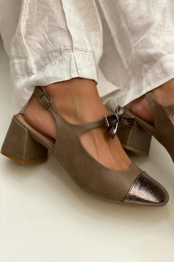 Bow Decor Patchwork Slingback Brown Chunky Heels
