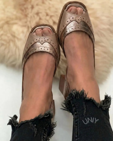 Gold Versatile Square Toe Cutout Block Heel Sandals
