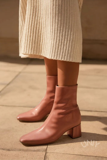 Glossy Pink Block Heel Ankle Boots