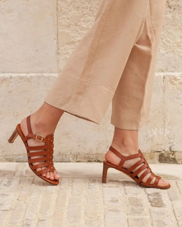 Elegant Brown Leather Multi-strap Slingback High Heel Sandals