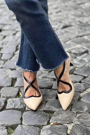 Colorblock Cross Strap Buckle Pointed Toe Beige Kitten Heels