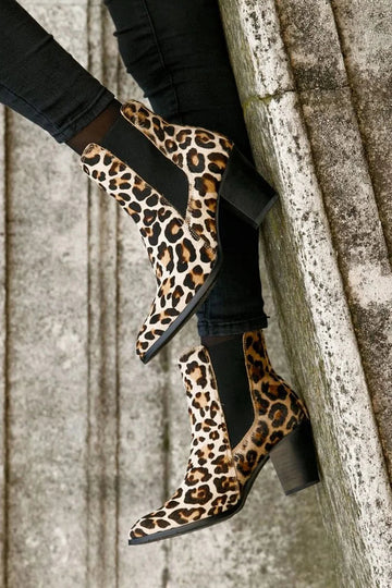 Leopard Print Patchwork Round Toe Beige Chunky Heels Boots