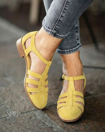 Yellow Faux Suede Strappy Closed Toe Block Heel Sandals