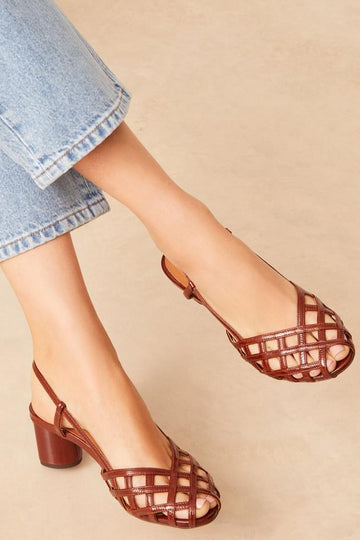 Hollow Out Peep Toe Slingback Brown Chunky Heels