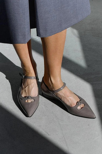 Cutout Instep Strap Buckle Pointed Toe Taupe Flats