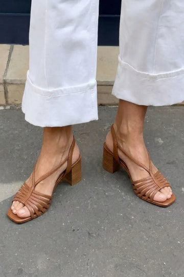 Brown Leather Multi-Strap Square Toe Mid Block Heels