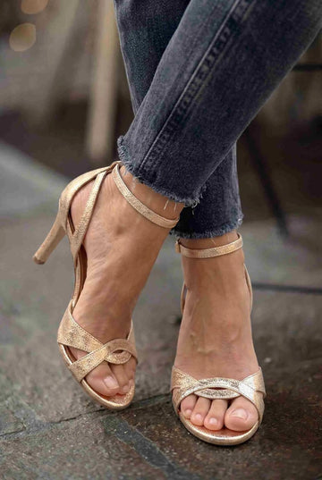 Textured Open Toe Ankle Strap Rose Gold Stiletto Heels