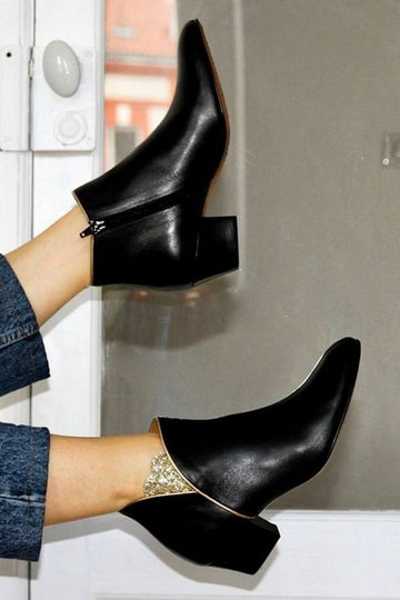 Patchwork Pointed Toe Zipper Black Ankle Boots