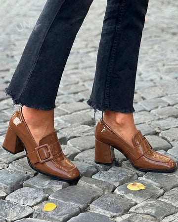 Vintage Brown Patent Leather Buckle Loafer Block Heels