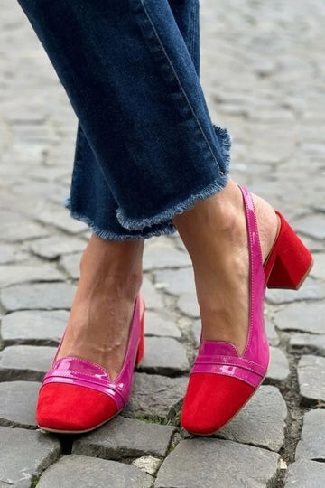 Color Block Patent Patchwork Pointed Toe Slingback Block Heels