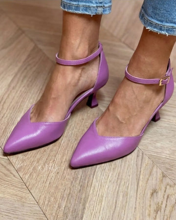 Stylish Purple V-Cut Pointed Toe Ankle Buckle Heels