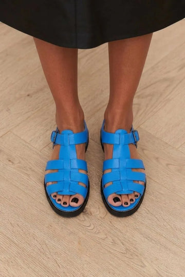 Blue Pebble PU Leather T-Strap Flat Fisherman Sandals