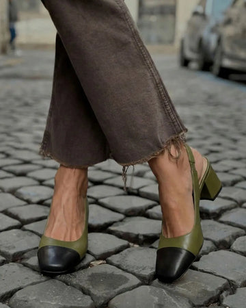 Olive Green Black Cap Toe Slingback Block Heel Pumps