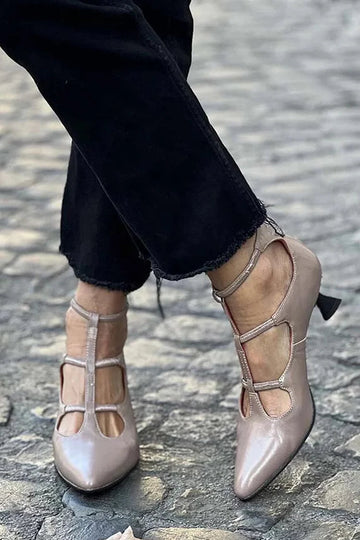Cross Strap Solid Color Pointed Toe Khaki Stiletto Heels