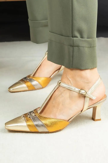 Colorblock T-Strap Buckle Square Toe Gold Low Heels