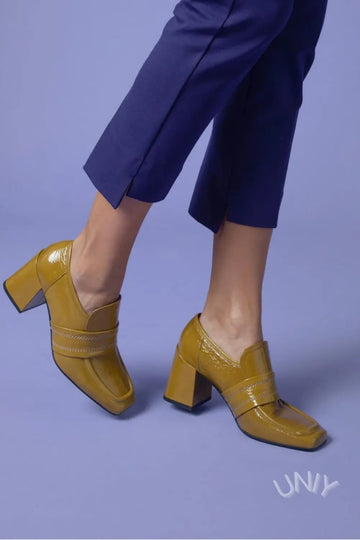 Retro Mustard Yellow Chunky Block Heel Loafers