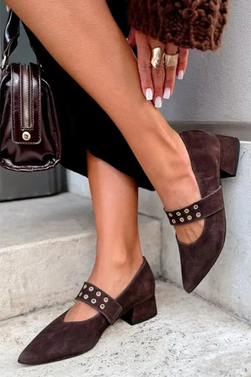 Coffee Pointed Toe Suede Wide Strap Low Block Heels