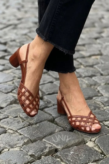 Brown Leather Woven Caged Slingback Block Heels
