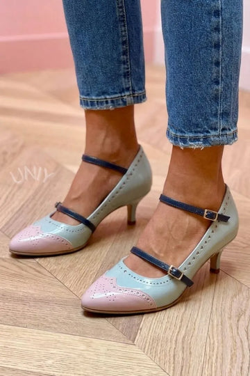 Chic Colorblock Brogue Mary Jane Pointed Toe Kitten Heels
