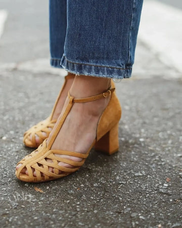 Yellow Suede T-Strap Woven Peep Toe Block Heel Sandals