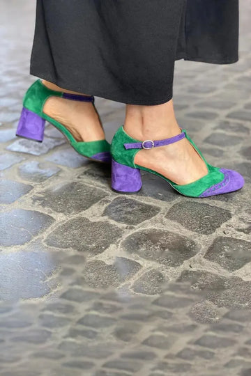 Colorblock Irregular Ankle Straps Buckle Chunky Heels