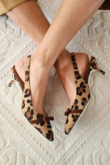 Leopard Print Bow Pointed Toe Slingback Khaki Kitten Heels