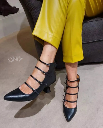 Black Pointed Toe Multi Strap Ankle Buckle Kitten Heels
